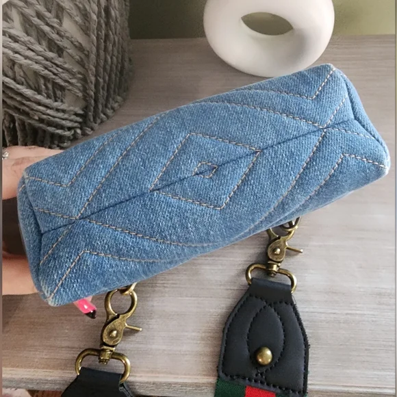 Gucci Marmont Denim Pouch Crossbody Bag Pearl GG Logo - Picture 6 of 13